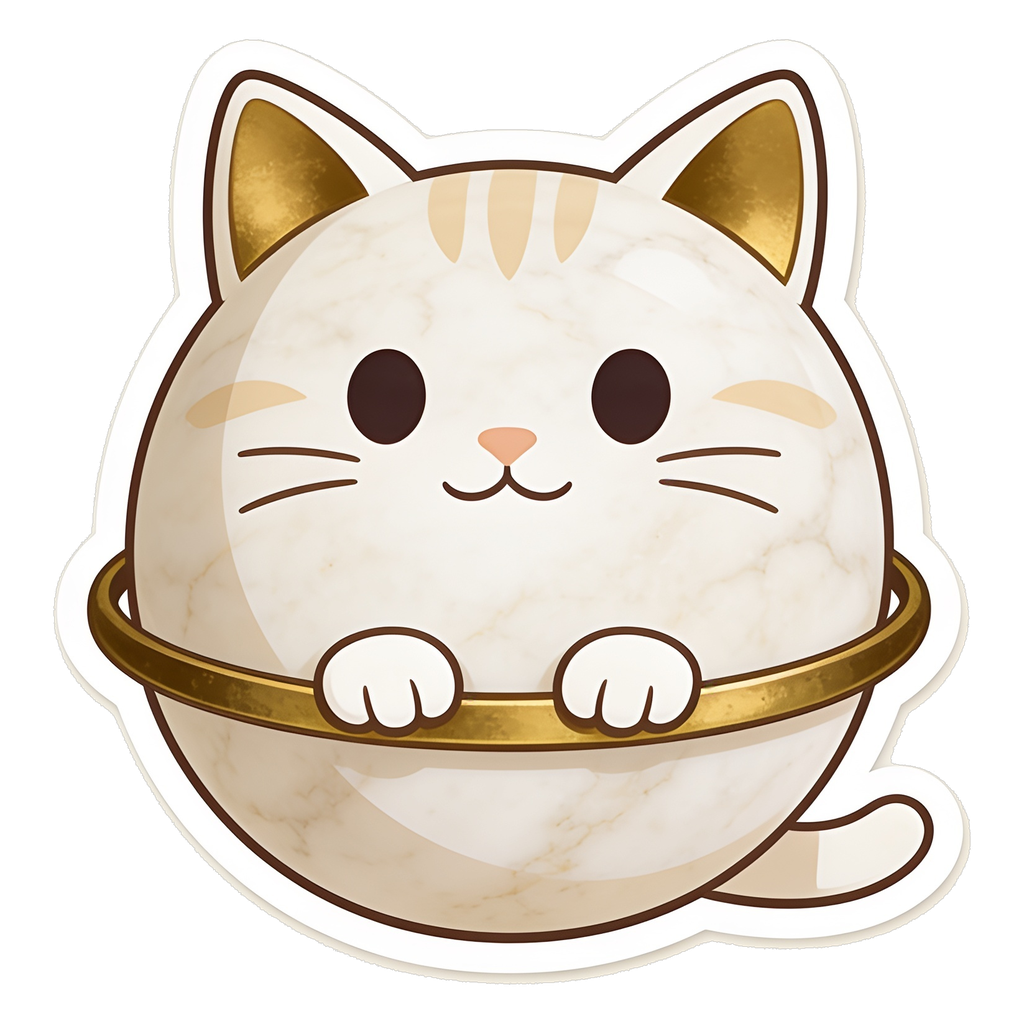 Caturn, a cream marble cat with an antique-gold planetary ring